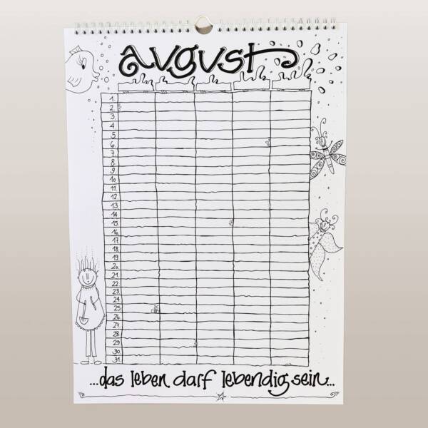 familienplaner-kalender-schwarz-weiss-5-spalten-einzigartig-geschenk-ausmalen-august-vorderseite