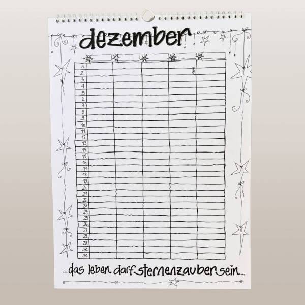 familienplaner-kalender-schwarz-weiss-5-spalten-einzigartig-geschenk-ausmalen-dezember-vorderseite