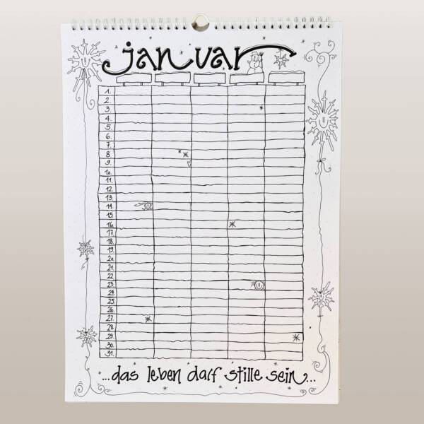 familienplaner-kalender-schwarz-weiss-5-spalten-einzigartig-geschenk-ausmalen-januar-vorderseite