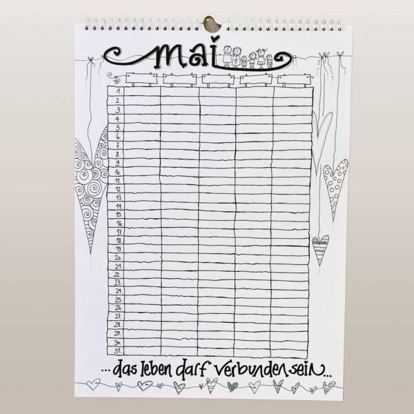 familienplaner-kalender-schwarz-weiss-5-spalten-einzigartig-geschenk-ausmalen-mai-vorderseite