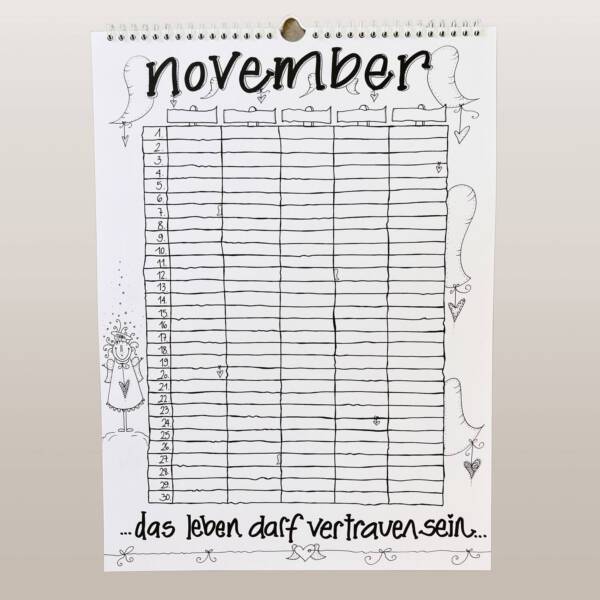 familienplaner-kalender-schwarz-weiss-5-spalten-einzigartig-geschenk-ausmalen-november-vorderseite
