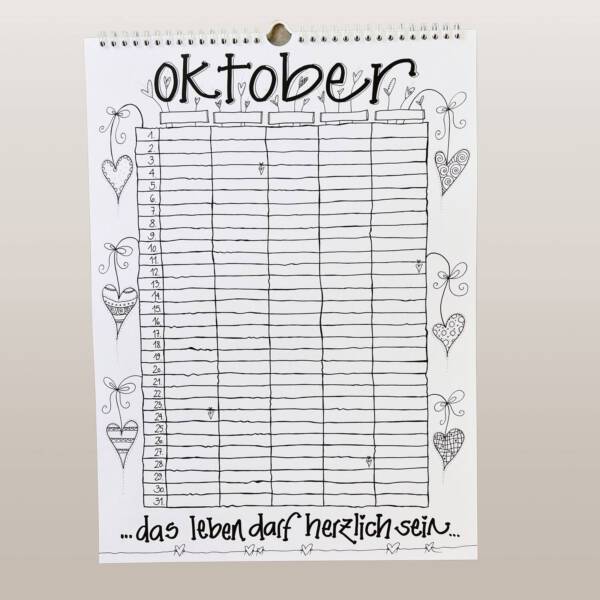 familienplaner-kalender-schwarz-weiss-5-spalten-einzigartig-geschenk-ausmalen-oktober-vorderseite