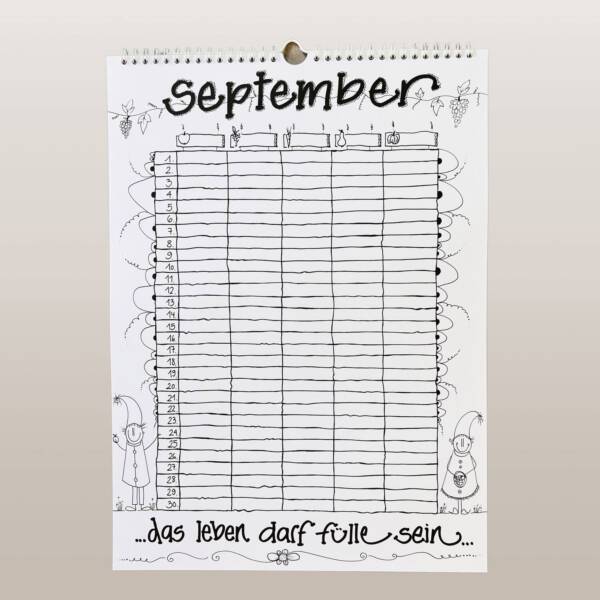 familienplaner-kalender-schwarz-weiss-5-spalten-einzigartig-geschenk-ausmalen-september-vorderseite